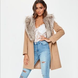 NWT Missguided Camel Faux Fur Collar Coat sz 2